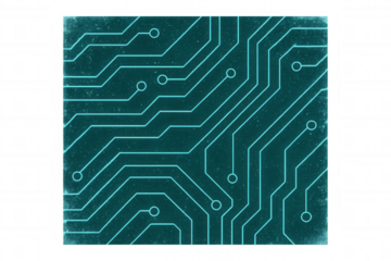 Close-up of glowing cyan circuit board pattern on a teal textured background with transparent background, ideal for technology or electronics projects