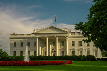 White House in Washington DC. The White House under blue sky. American presidents residence. Iconic...