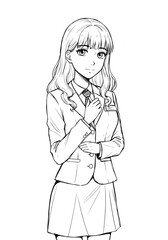 Confident manga style businesswoman in professional skirt suit adjusting tie preparing for meeting