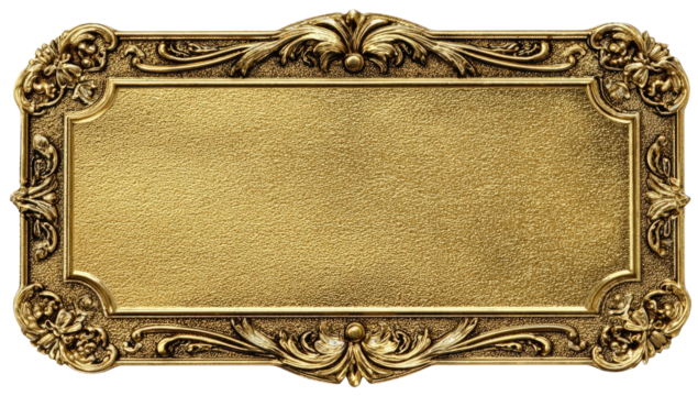Ornate gold plaque, rectangular shape with detailed frame