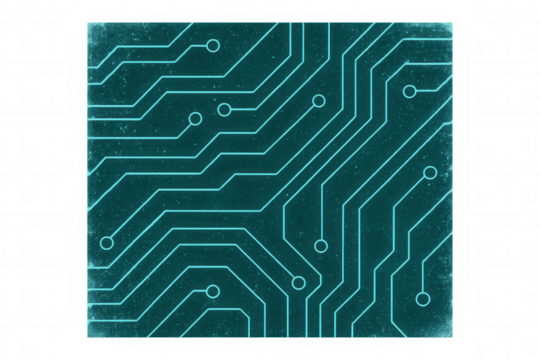 Close-up of glowing cyan circuit board pattern on a teal textured background with transparent background, ideal for technology or electronics projects