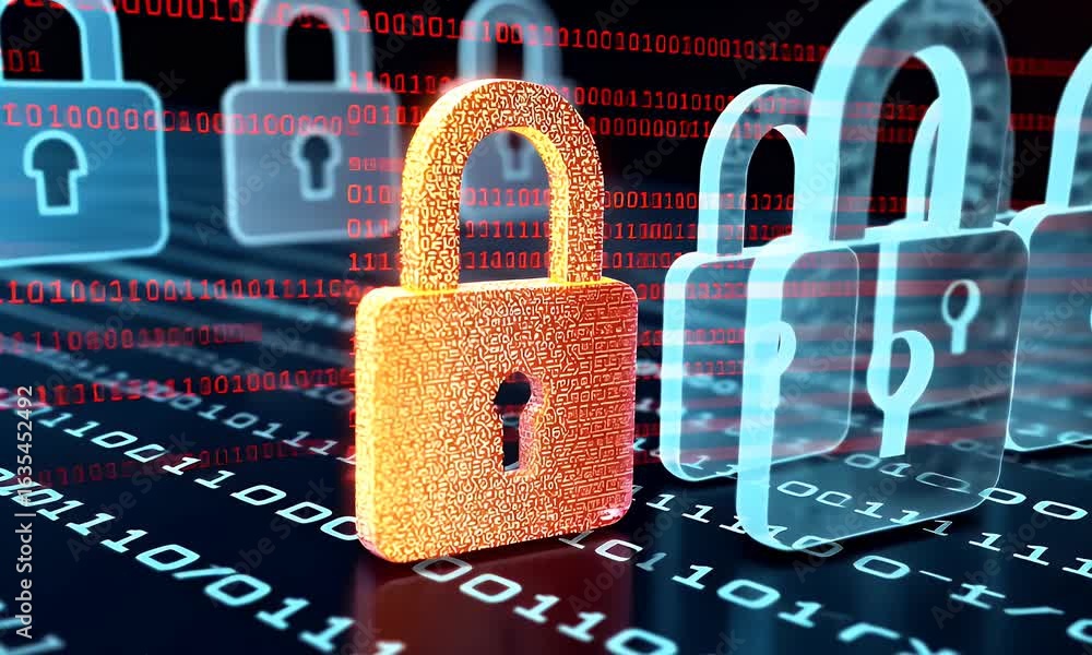 Poster a digital illustration depicting multiple padlocks in shades of blue and red, representing data secu