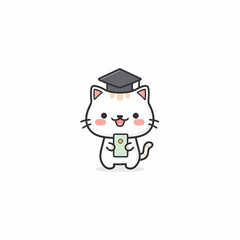 A cartoon cat with a graduation cap happily holding a diploma Celebration and success! Cute design for congratulations and education