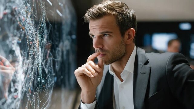 Analytical Gaze: A focused individual, attired in professional attire, thoughtfully contemplates a sophisticated technical display, conveying deep consideration and focus