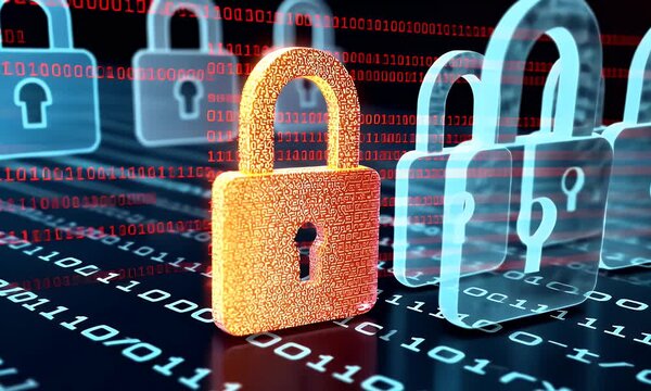 
A digital illustration depicting multiple padlocks in shades of blue and red, representing data security. The background is filled with binary code to symbolize the technological aspect.