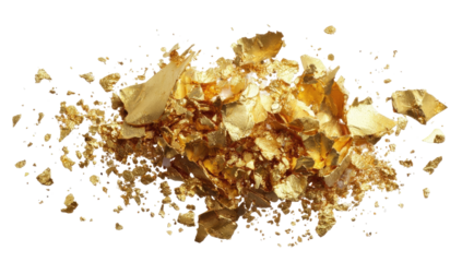 Gold nuggets scattered in a dramatic explosion