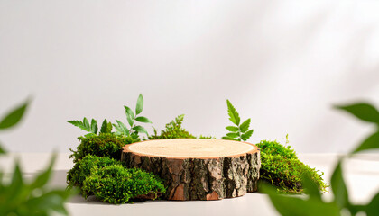 Natural Wood Stump Product Podium with Green Moss and Leaves