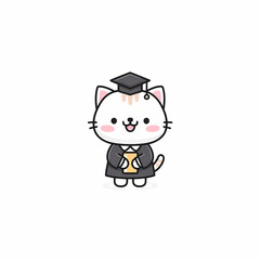 Graduation Kitty: A cute white kitten in a graduation gown and cap holds a diploma celebrating a scholastic achievement