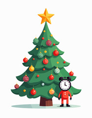 Naklejka premium Christmas tree with gift and clock cartoon illustration