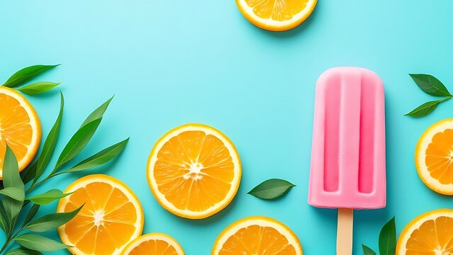 Playful summer backdrop featuring citrus slices, pink popsicles, and tropical greenery on a turquoise surface, perfect for fresh and colorful seasonal designs