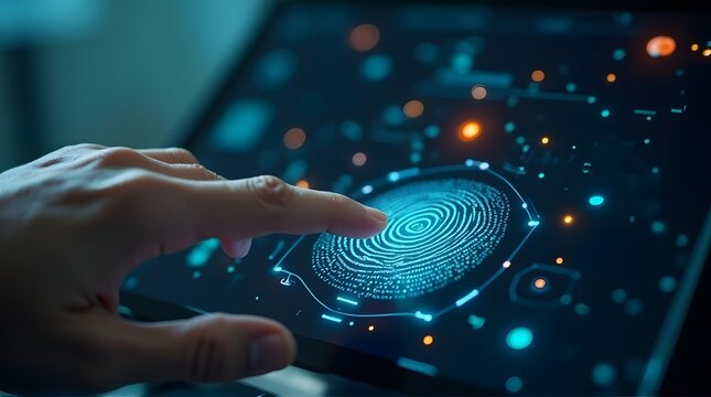 Fingerprint Scan on Digital Screen with Hand, Biometric Authentication, Security Technology