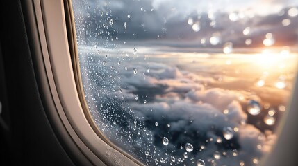 Airplane window with raindrops overlooking stormy clouds and sunset water