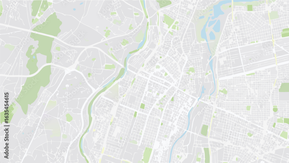 Poster vector detailed map showing city streets, green spaces, and river ways in a light color scheme layou