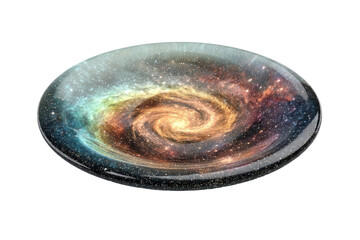 A circular plate depicts a vibrant spiral galaxy.  Cosmic colors swirl in a detailed design.  Image is high-resolution and isolated against black