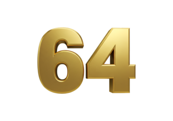 Gold Number 64 Isolated On Transparent Background Metallic Digit Render