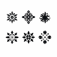 Winter ornament: Six snowflake silhouette icons in geometric floral designs Isolated on white background symbolizing winter season