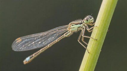 A delicate dragonfly perched on a green stem, showcasing its intricate wings and slender body.
