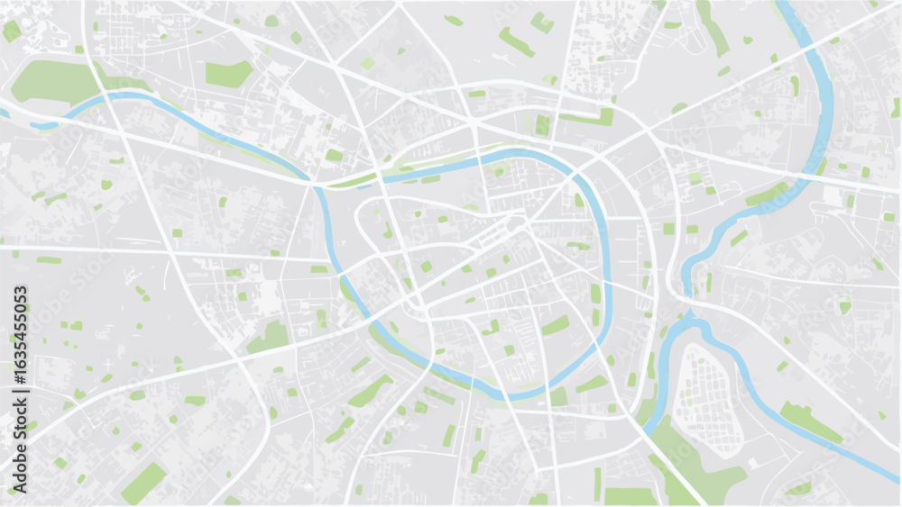 Poster vector aerial view of a city map with a river running through it and scattered green spaces and whit