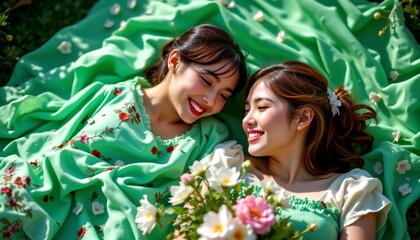 Two women lying down in a field of green plants, smiling at each other. They are surrounded by brightly colored flowers, specifically roses with vibrant pink petals