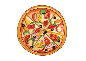 Vibrant vegetarian pizza topped with olives, peppers, and onions arranged in a circular layout. Food concept