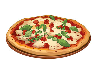 Traditional margarita pizza garnished with fresh basil and tomatoes on a wooden base. Food concept