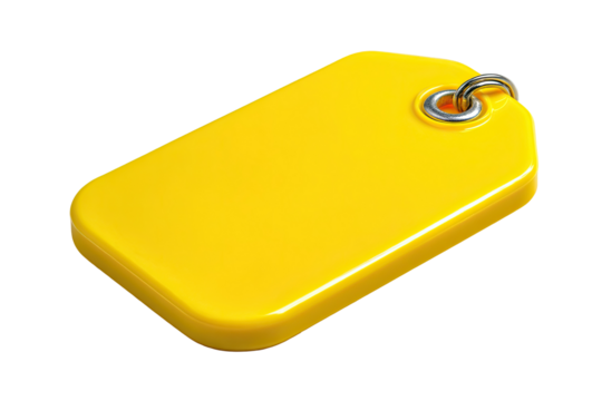 A bright yellow rectangular tag, likely for identification