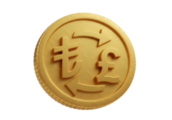 Golden Coin Illustrating Currency Exchange with Euro and Pound Symbols on Transparent Background