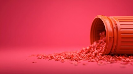 Overturned Trash Can with Red Plastic Pieces on Pink Background