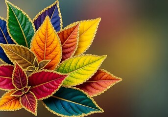 Colorful leaves adorned with golden accents in vibrant composition for creative projects