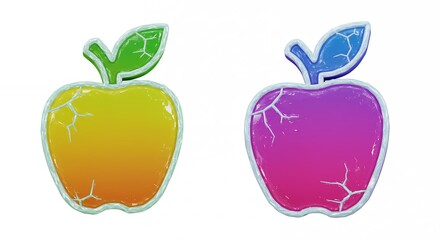 Two colorful cracked cartoon apples