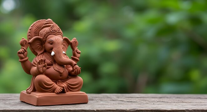Terracotta Ganesha statue sits serenely outdoors, against a blurred green background.