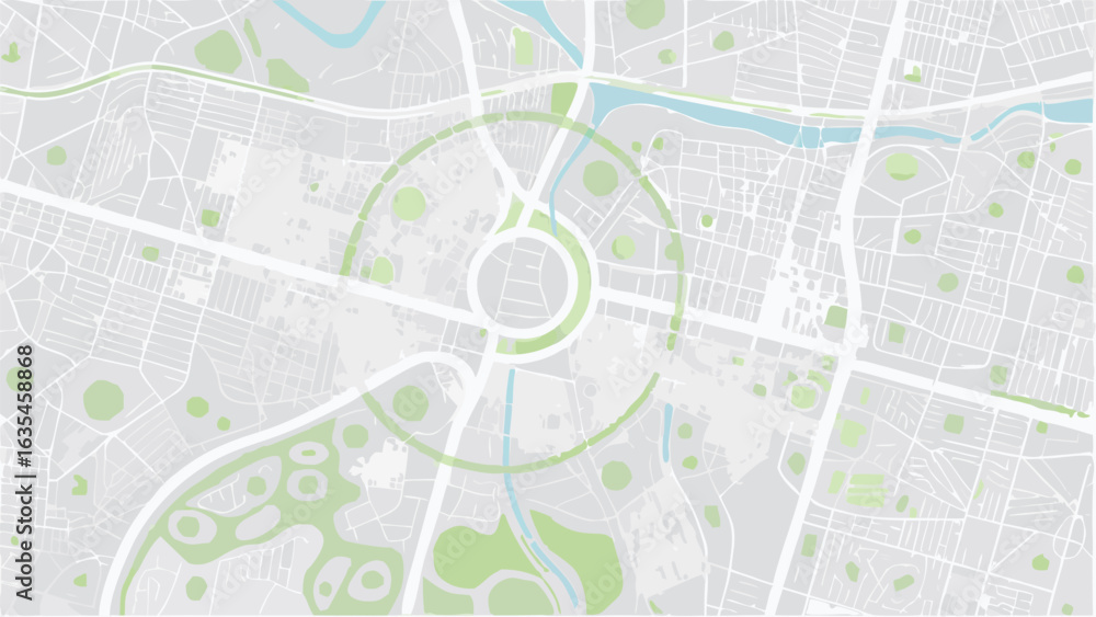 Poster vector overhead view of a city map with a roundabout and green spaces in a muted color palette desig