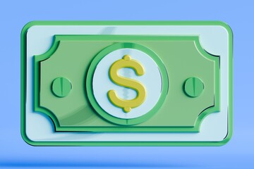 Green and blue 3D paper currency design with a yellow dollar symbol in the center on a light blue background, representing finance, payment, and economic exchange in a modern graphic style.
