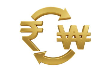 Golden Rupee and Won Currency Symbols with Exchange Arrows Isolated Transparent Background 3D Illustration