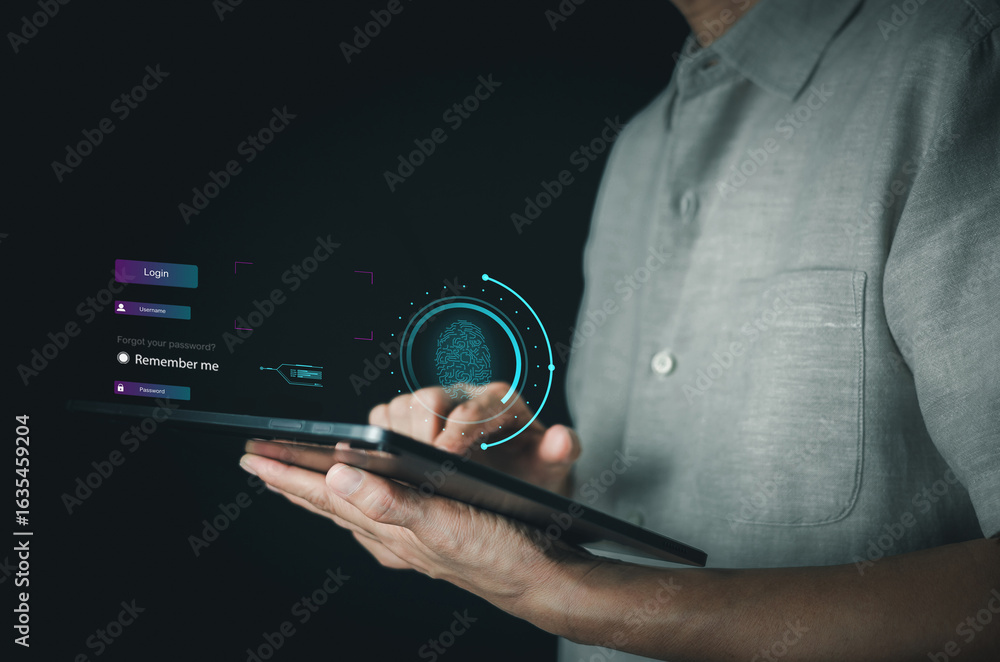 Fototapete close-up a user's hands holding a tablet, with a holographic display showing a login form and a prom