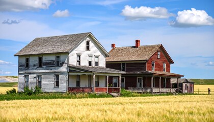 Obraz premium Two old farmhouses in a wheat field under a bright blue sky with white clouds