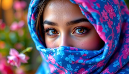 A young woman with striking blue eyes, wearing a pink floral hijab