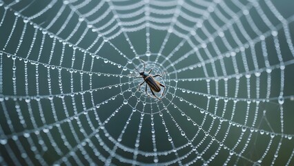 Spiderweb with Dew Drops and a Small Insect at the Center