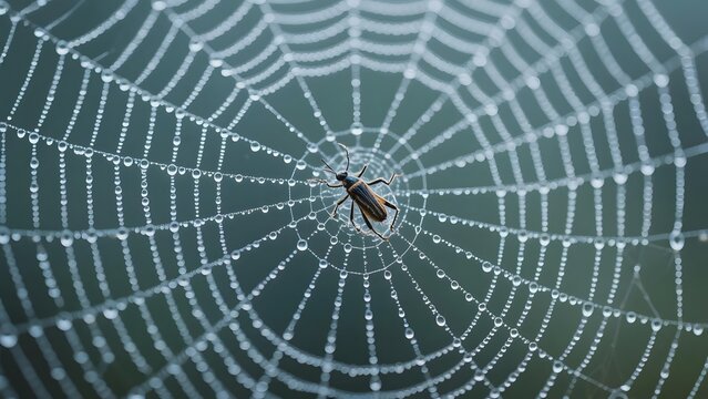 Spiderweb with Dew Drops and a Small Insect at the Center