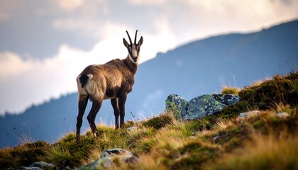 Alpine chamois on a grassy mountain slope