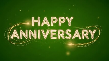 Elegant Golden Happy Anniversary Text Animation on Green Background with Sparkling Particles