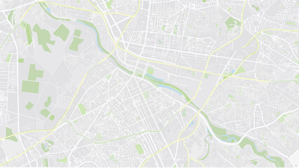 Fototapeta premium Vector aerial view of a city map with parks and a river running through it in a light color palette design style