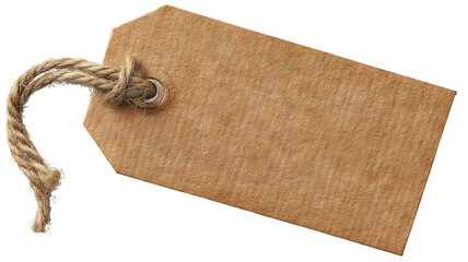 Angled brown kraft paper tag with twine knot isolated on transparent background — high-resolution rustic recycled label mockup for pricing, gifting, branding, packaging, and decorative craft design