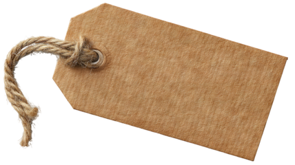 Angled brown kraft paper tag with twine knot isolated on transparent background — high-resolution rustic recycled label mockup for pricing, gifting, branding, packaging, and decorative craft design