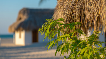 A beachfront bungalow bathed in golden hour light, evoking tropical serenity.