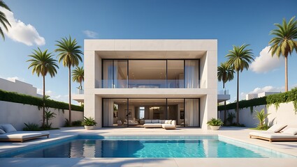 Fototapeta premium Luxury Modern Villa with Swimming Pool and Palm Trees A Dream Home in Paradise Setting