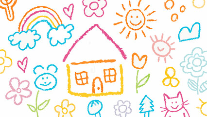 Colorful crayon drawing featuring a house, rainbow, sun, flowers, cat, and other whimsical elements