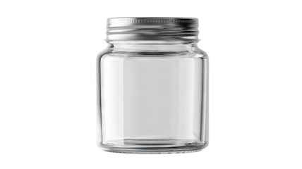 Blank clear glass jar mockup isolated on transparent background — high-resolution PNG cutout for branding, packaging design, label presentation, and product display templates