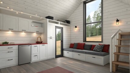 Modern Tiny House Interior Living Space With Kitchen