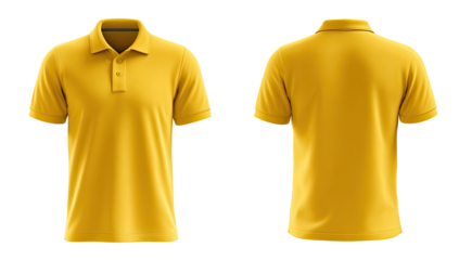 Front and back view of a mustard yellow polo shirt.  Solid color,  collared, short sleeved.  Simple design